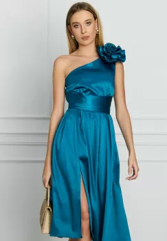 Rochie DY Fashion turcoaz cu floare maxi pe un umar imagine