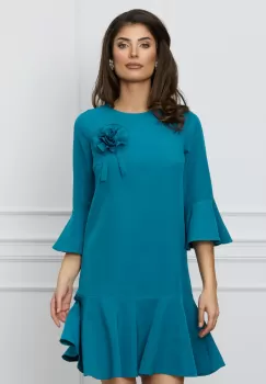 Rochie Dy Fashion turcoaz cu floare pe bust si volane imagine