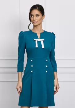 Rochie Dy Fashion turcoaz cu funda la bust si nasturi pe fusta imagine