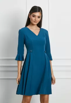 Rochie Dy Fashion turcoaz cu nasturi si pliuri in talie imagine