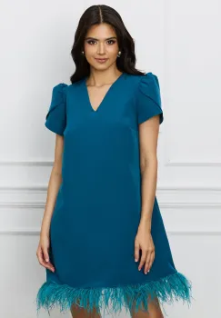 Rochie DY Fashion turcoaz cu pene la baza si umeri bufanti imagine
