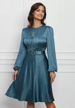 Rochie Dy Fashion turcoaz cu pliuri pe bust si curea in talie imagine