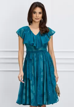 Rochie DY Fashion turcoaz din voal cu buline si cordon in talie imagine