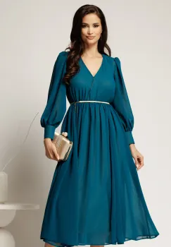 Rochie DY Fashion turcoaz din voal cu decolteu petrecut si curea in taIie imagine