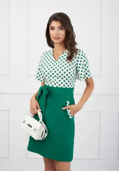 Rochie DY Fashion verde cu buline la bust si cordon in talie imagine