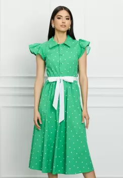 Rochie DY Fashion verde cu buline si cordon in talie imagine