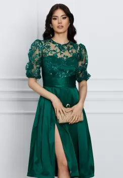 Rochie DY Fashion verde cu dantela la bust si crepeu pe fusta imagine