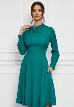 Rochie Dy Fashion verde cu funda la guler si nasturi pe bust imagine