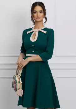 Rochie Dy Fashion verde cu guler si banda bej in talie imagine