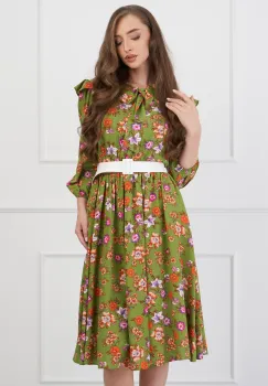 Rochie DY Fashion verde cu imprimeu floral orange si curea in talie imagine