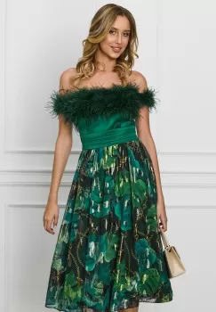 Rochie DY Fashion verde cu imprimeu pe fusta si pene la bust imagine