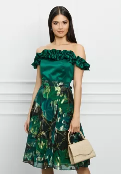 Rochie DY Fashion verde cu imprimeuri florale pe fusta si volane la bust imagine