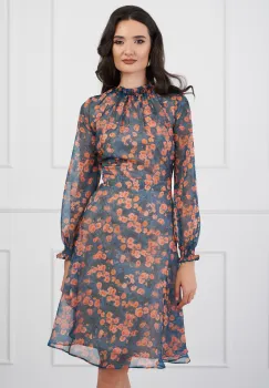 Rochie DY Fashion verde cu imprimeuri orange si guler incretit imagine