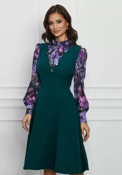 Rochie Dy Fashion verde cu imprimeuri pe maneci si bust imagine