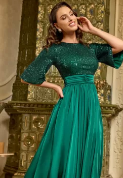 Rochie Dy Fashion verde cu paiete la bust si fusta din satin imagine