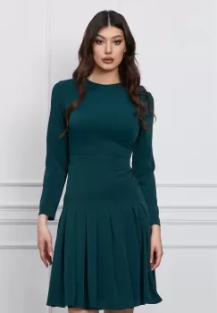 Rochie Dy Fashion verde cu pliuri pe fusta si funda pe umar imagine