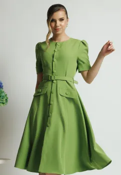 Rochie DY Fashion verde de zi cu nasturi si curea in talie imagine