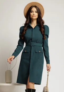 Rochie DY Fashion verde din catifea reiata tip camasa si curea in talie imagine