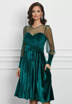 Rochie Dy Fashion verde din catifea si tull cu buline la bust imagine