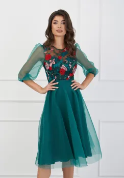 Rochie DY Fashion verde din organza cu broderie florala la bust imagine