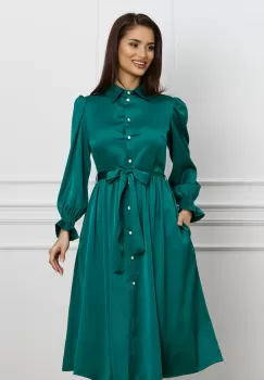 Rochie Dy Fashion verde din satin cu cordon in talie imagine