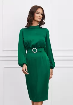 Rochie Dy Fashion verde din satin cu o curea in talie imagine