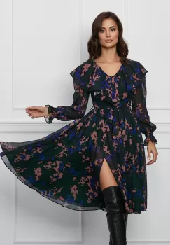 Rochie Dy Fashion verde din voal cu imprimeu roz si cordon in talie imagine