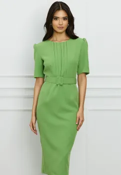 Rochie DY Fashion verde fistic cu pliuri pe bust si curea in talie imagine