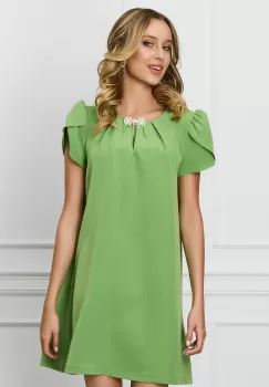 Rochie DY Fashion verde fistic cu umeri bufanti si accesoriu la decolteu imagine
