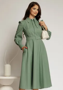 Rochie DY Fashion verde fistic din poplin cu guler dublu si curea in talie imagine
