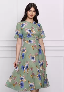 Rochie DY Fashion verde fistic din voal cu imprimeuri florale albastre imagine