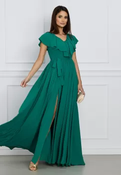 Rochie Dy Fashion verde lunga cu volan la bust si cordon in talie imagine