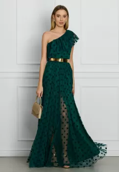 Rochie DY Fashion verde lunga din tull cu buline catifelate si curea in talie imagine
