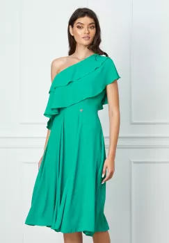 Rochie Dy Fashion verde pe un umar cu volanas la bust imagine