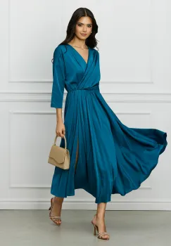 Rochie DY Fashion verde petrol din satin cu elastic in talie imagine