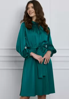 Rochie Dy Fashion verde smarald cu elastic si cordon in talie imagine