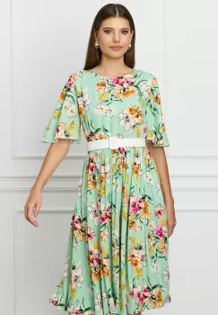 Rochie Dy Fashion vernil cu imprimeu floral orange si curea in talie imagine