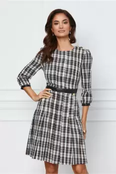 Rochie DyFashion alba cu carouri maro si banda neagra in talie imagine