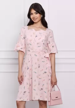 Rochie Elisa roz cu imprimeu floral albastru si cordon in talie imagine