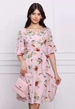 Rochie Elisa roz cu imprimeu floral si cordon in talie imagine