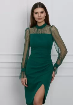 Rochie Ella Collection Adena verde cu insertii catifelate pe maneci imagine