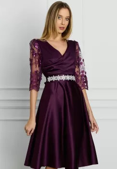 Rochie Ella Collection Adria mov cu dantela si paiete si cordon in talie imagine