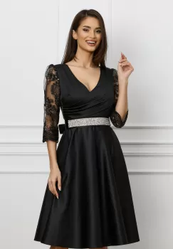 Rochie Ella Collection Adria neagra cu dantela si paiete si cordon in talie imagine