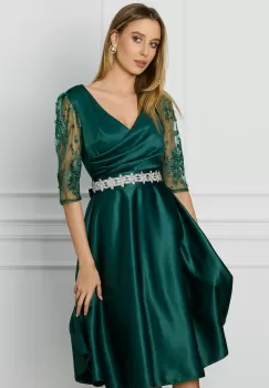 Rochie Ella Collection Adria verde cu dantela si paiete si cordon in talie imagine