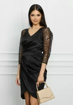 Rochie Ella Collection Alison neagra cu broderie si perle pe maneci imagine