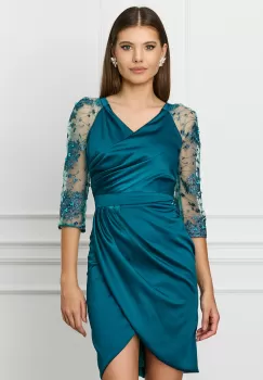 Rochie Ella Collection Alison turcoaz cu broderie si perle pe maneci imagine