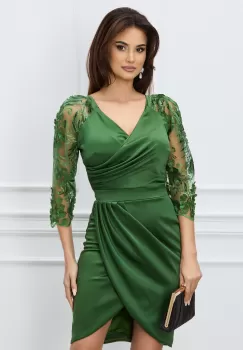 Rochie Ella Collection Alison verde cu broderie si paiete pe maneci imagine