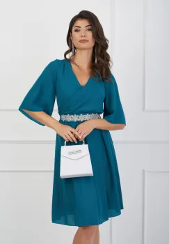 Rochie Ella Collection Ania turcoaz cu fir lurex si cordon in talie imagine