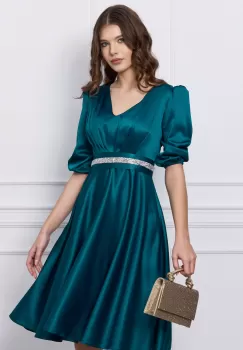 Rochie Ella Collection Aria verde petrol cu cordon in talie imagine