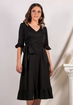 Rochie Ella Collection Arina neagra cu volane si cordon in talie imagine